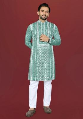 Pista Embroidered Silk Kurta Pajama For Men