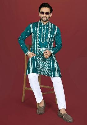Teal Embroidered Silk Kurta Pajama For Men