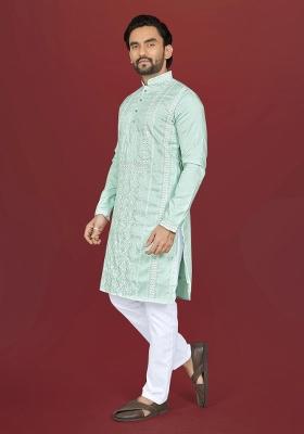 Mint Green Embroidered Silk Kurta Pajama For Men