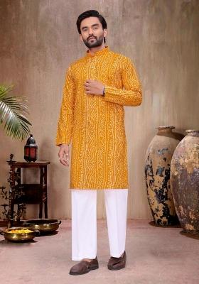 Mustard Printed Rayon Kurta Pajama For Men