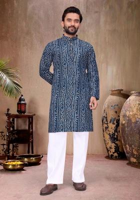Blue Printed Rayon Kurta Pajama For Men
