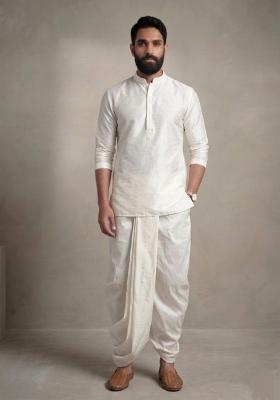 White Embroidered Dupion Dhoti Set For Men