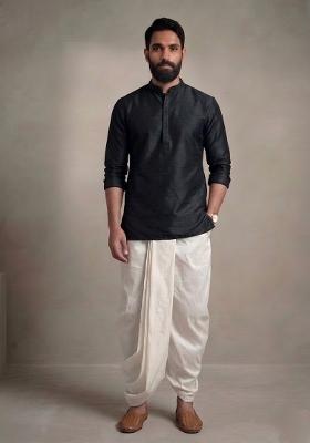 Black Embroidered Dupion Dhoti Set For Men
