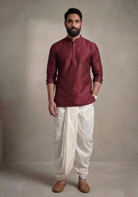 Maroon Embroidered Dupion Dhoti Set For Men