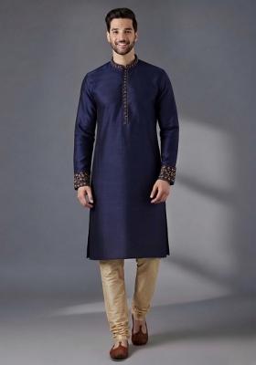 Blue Embroidered Dupion Pyjama Set For Men