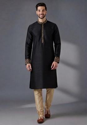 Black Embroidered Dupion Pyjama Set For Men