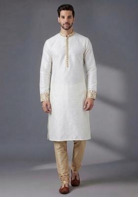 White Embroidered Dupion Pyjama Set For Men