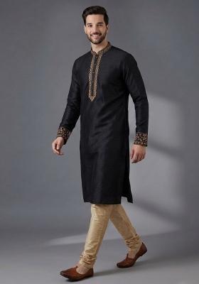 Black Embroidered Dupion Pyjama Set For Men