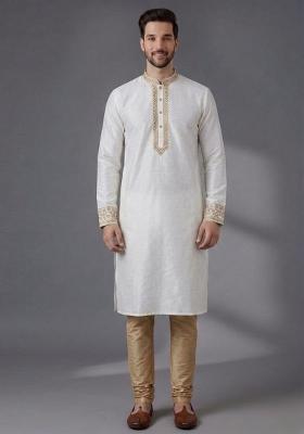 White Embroidered Dupion Pyjama Set For Men