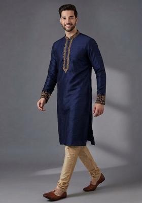 Blue Embroidered Dupion Pyjama Set For Men