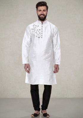 White Embroidered Dupion Pyjama Set For Men