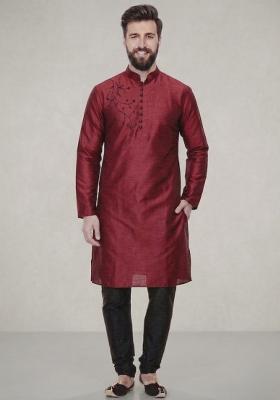 Maroon Embroidered Dupion Pyjama Set For Men