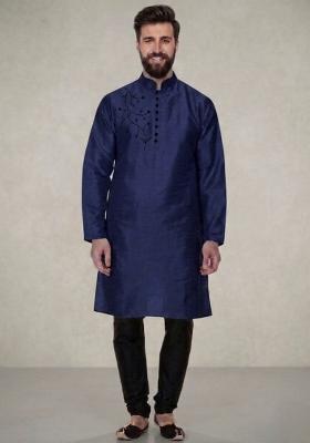 Blue Embroidered Dupion Pyjama Set For Men