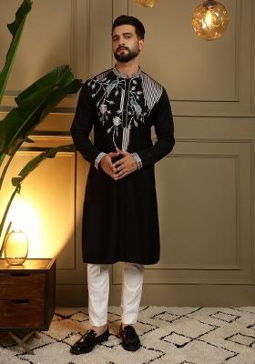 Black Sequin Work Silk Kurta Pajama For Men