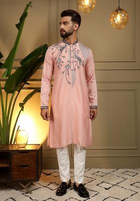 Peach Sequin Work Silk Kurta Pajama For Men