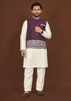 Off White Embroidered Silk Jacket Set For Men