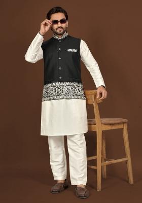 Off White Embroidered Silk Jacket Set For Men