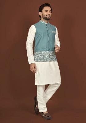 Off White Embroidered Silk Jacket Set For Men
