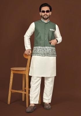 Off White Embroidered Silk Jacket Set For Men