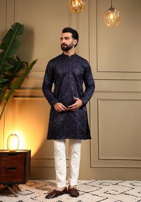 Navy Blue Embroidered Silk Kurta Pajama For Men