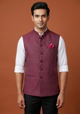 Maroon Embroidered Silk Waistcoat For Men