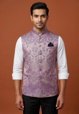 Pink Printed Silk Waistcoat For Men