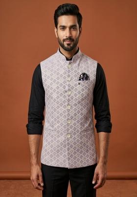 Pink Embroidered Silk Waistcoat For Men
