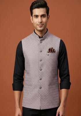 Grey Embroidered Silk Waistcoat For Men