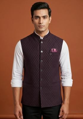 Maroon Embroidered Silk Waistcoat For Men