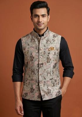 Grey Embroidered Silk Waistcoat For Men