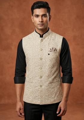 Beige Embroidered Silk Waistcoat For Men