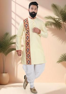 Yellow Embroidery Silk Kurta For Men