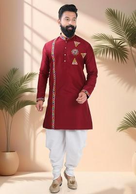 Maroon Embroidery Silk Kurta For Men