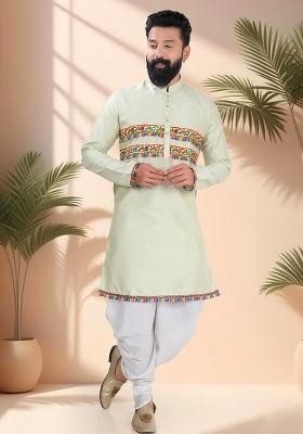 Green Embroidery Silk Kurta For Men