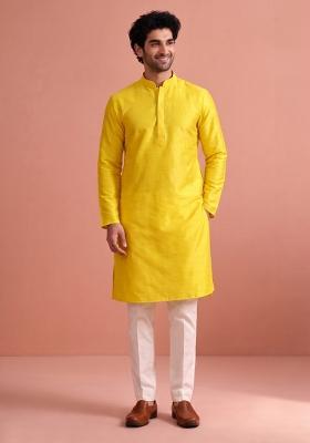 Yellow Solid Silk Kurta Pajama For Men