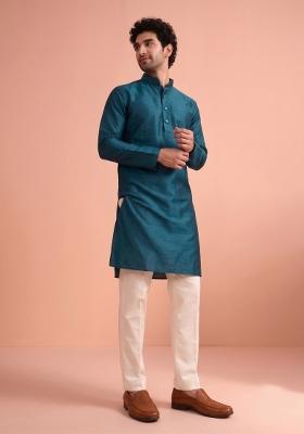 Blue Solid Silk Kurta Pajama For Men