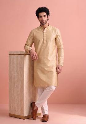 Golden Beige Solid Silk Kurta Pajama For Men
