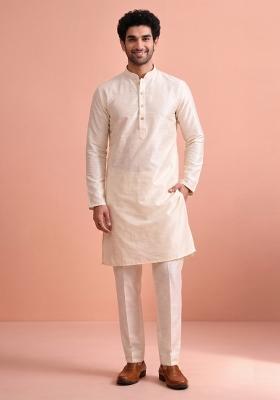 Cream Solid Silk Kurta Pajama For Men
