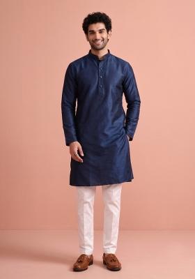 Nevy Blue Solid Silk Kurta Pajama For Men