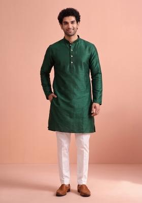 Green Solid Silk Kurta Pajama For Men