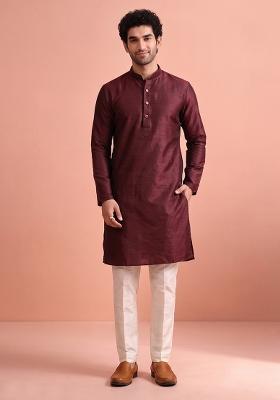 Maroon Solid Silk Kurta Pajama For Men
