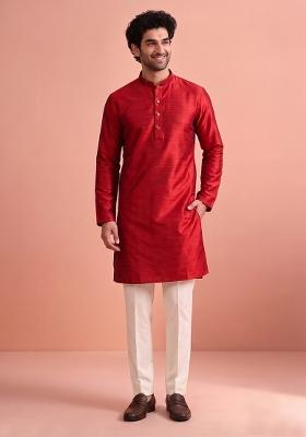 Red Solid Silk Kurta Pajama For Men