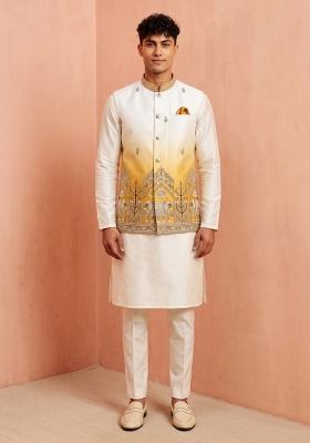 Off White Embroidery Silk Jacket Set For Men