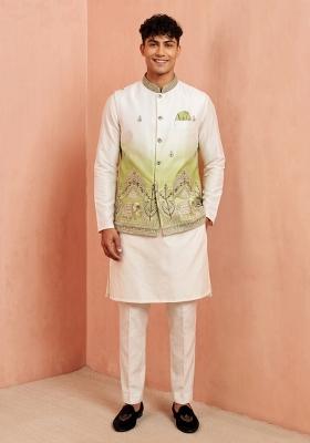 Off White Embroidery Silk Jacket Set For Men