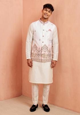 Off White Embroidery Silk Jacket Set For Men