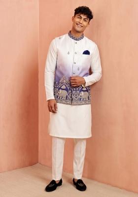 Off White Embroidery Silk Jacket Set For Men