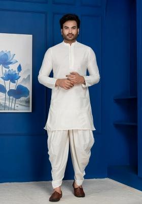 White Embroidery Silk Kurta Set For Men