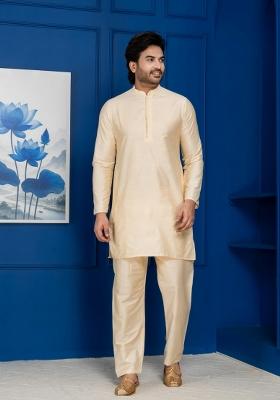 Golden Embroidery Silk Kurta Set For Men