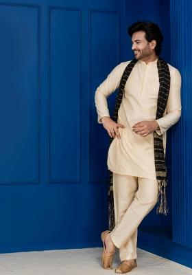 Golden Embroidery Silk Kurta Set For Men