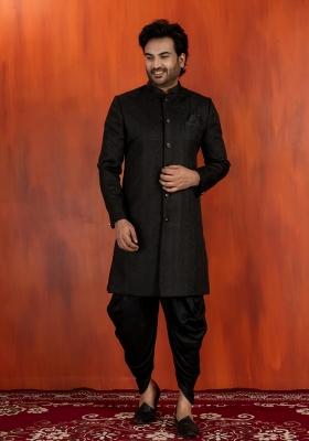 Black Embroidery Jacquard Sherwani Set For Men